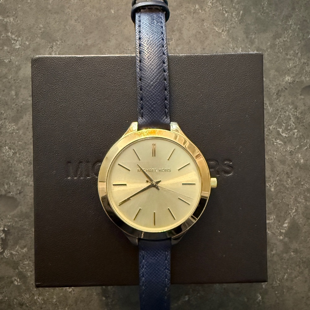 Michael Kors Gold Dial Watch with Slim Navy Blue Leather Strap - Picture 2 of 12